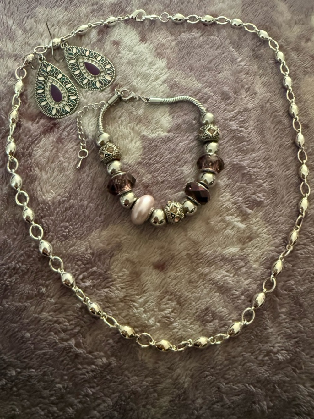 Vintage Purple Silver Tone Jewelry Set Teardrop Earrings Necklace Charm Bracelet - Picture 3 of 6